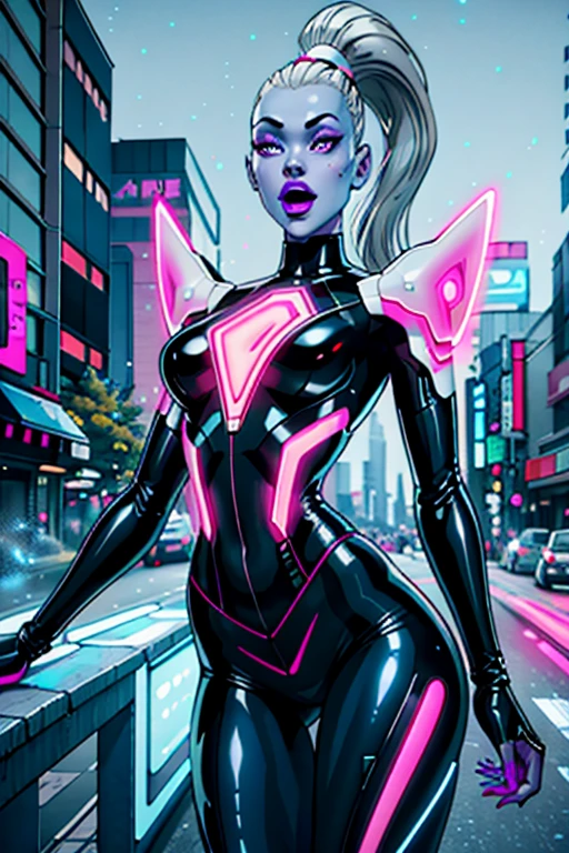 (best quality, masterpiece), scifi, futuristic, raw photo, 1girl, sexy, lace, latex, technological futuristic clothes, silver hair, gray hair, pink hair, screaming, ultrasharp, (outline contourn), luminous paint, particles, flares, neon lips,  Tokyo street background, blue skin, purple skin, glossy skin