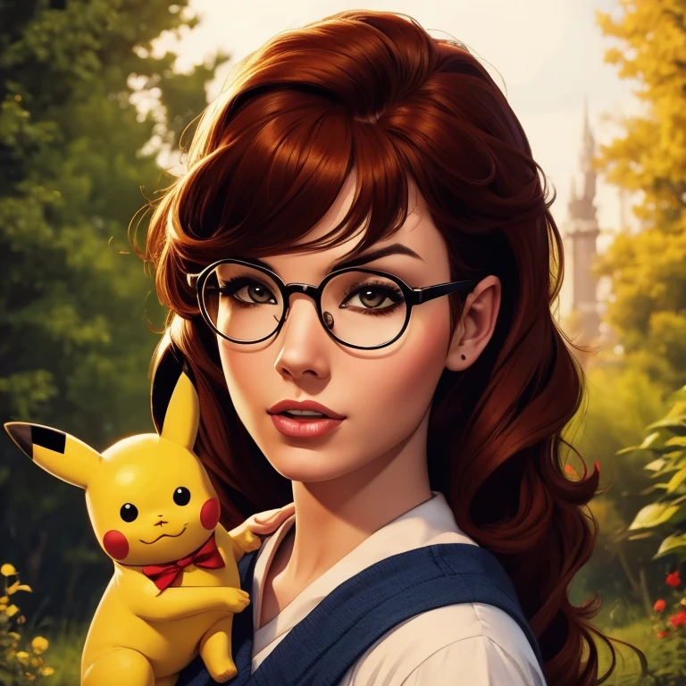 a young boy with messy black hair, iconic round glasses, and a lightning bolt scar on his forehead, wearing a Gryffindor , standing next to a cute Pikachu, magical enchanted forest background, intricate details, (best quality,4k,8k,highres,masterpiece:1.2),ultra-detailed,(realistic,photorealistic,photo-realistic:1.37),fantasy,adventure,magical realism,whimsical,warm lighting