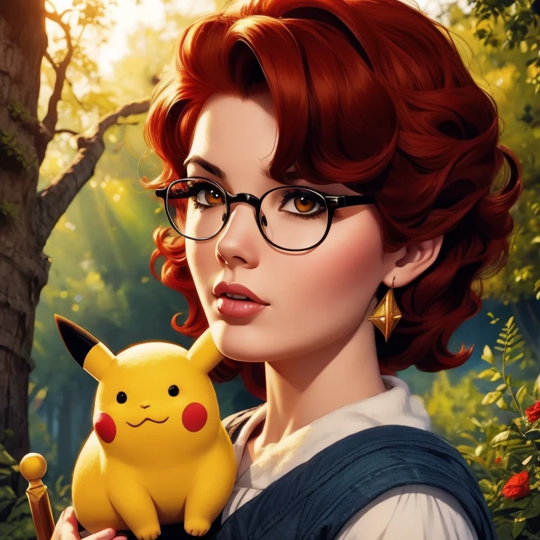 a young boy with messy black hair, iconic round glasses, and a lightning bolt scar on his forehead, wearing a Gryffindor , standing next to a cute Pikachu, magical enchanted forest background, intricate details, (best quality,4k,8k,highres,masterpiece:1.2),ultra-detailed,(realistic,photorealistic,photo-realistic:1.37),fantasy,adventure,magical realism,whimsical,warm lighting