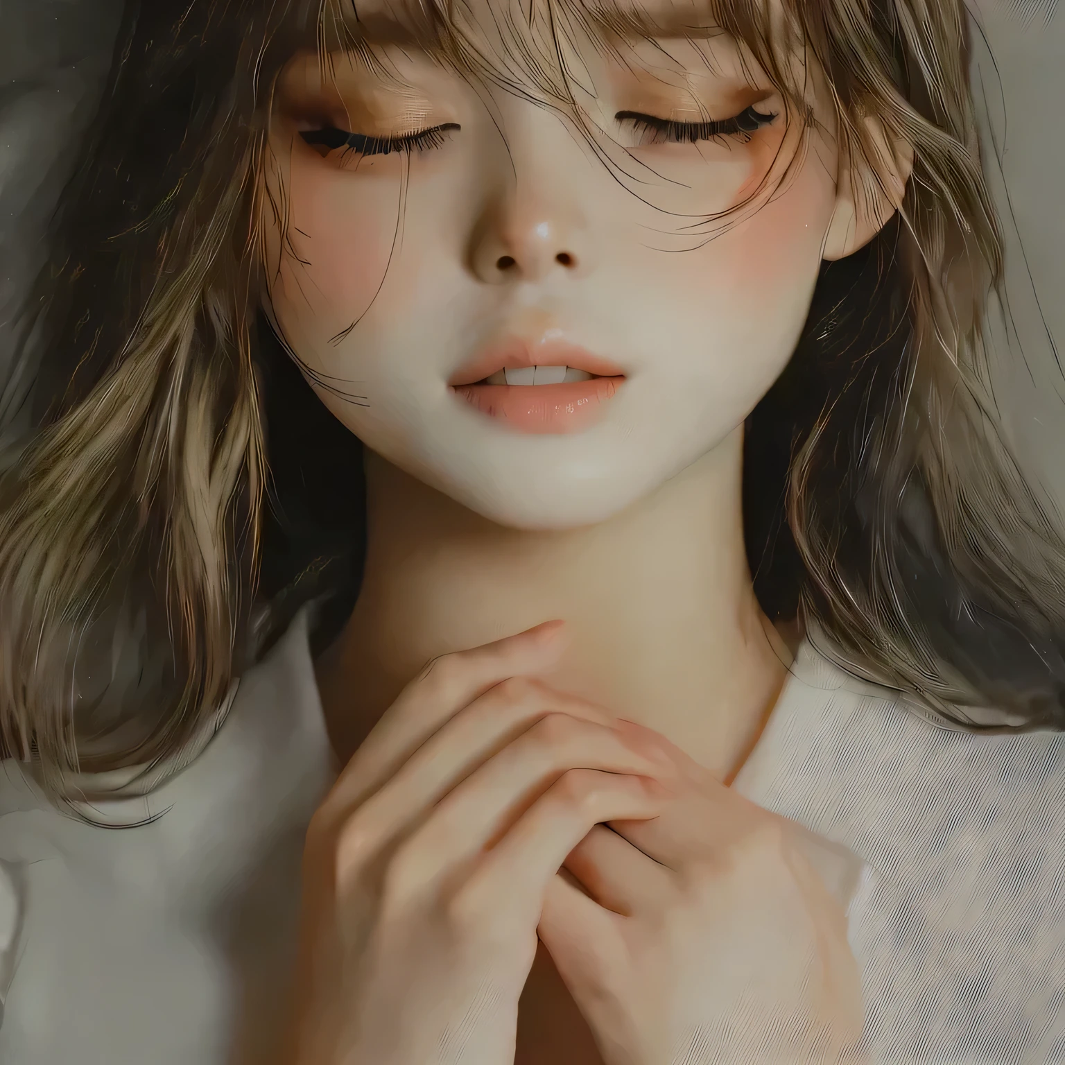 Closed eyelids、Brown eyeshadow、Long eyelashes。