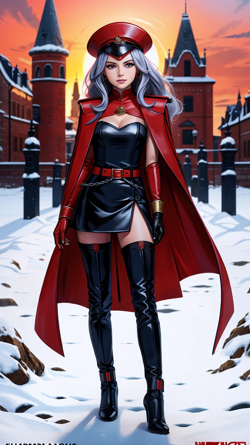 ((Full body photo, standing, feet on the floor)) full body Esbian, of the highest quality, Intricately detailed skins, Shiny skin, Shiny hair, pale complexion,Big breasts), Red sky, Continuous snow, Castle terrace, ((Skull Mark)), ambitious, Seductive Woman, Gray hair, Long hair, Hair fluttering in the wind, Skull mask on half of the face, Detailed tattoos, Red leather clothes, Red sleeveless clothes, Red leather coat, Black leather gloves, Solid Gold Bracelet, leather skirt red skirt, , small hat, (Leather Belt), Look far away