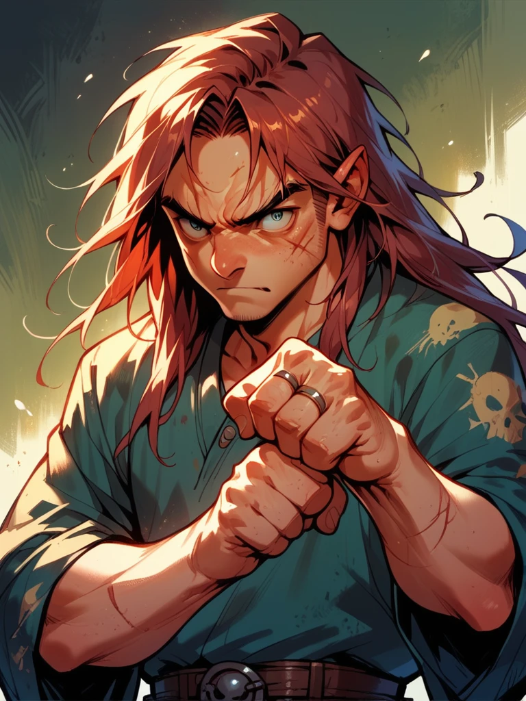 score_9, score_8_up, score_7_up, score_6_up, solo, 1boy, kid, knuckle brass, fist, long hair, g4n1m3, portrait