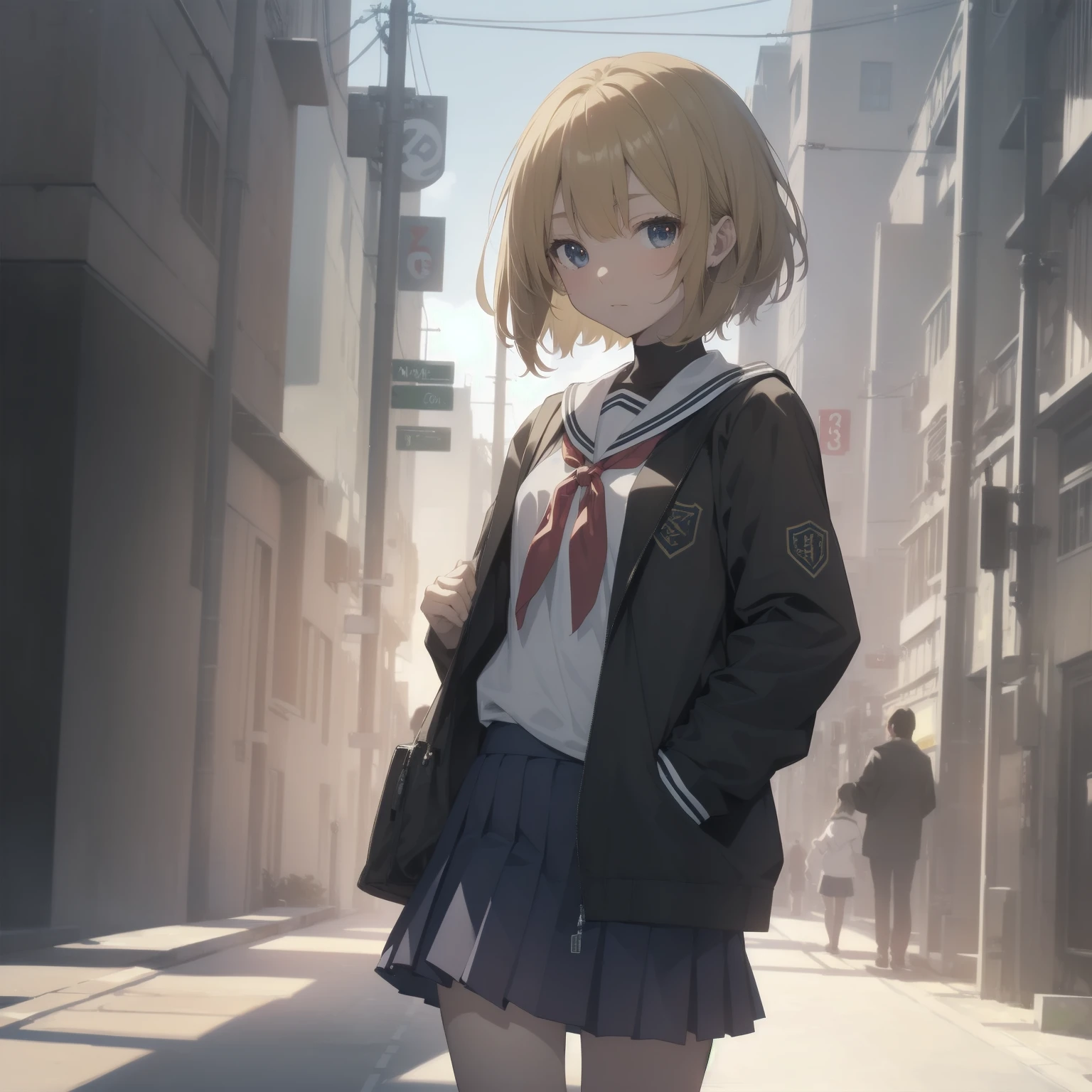 ultra-absurdres-Top quality by artist God, ultra-detailed, high resolution, anime moe artstyle, best anime 8k konachan wallpaper, pixiv contest winner, pool:2810, perfect anatomy,break, 1girl, (Please draw a girl walking sleepily to school alone. )break,(Solo,little female, -yeld:1.Full limbs, complete fingers,a junior hihort hair), short cut, flat chest, , small butt, small black eyes, beautiful detailed eyes, well-proportioned iris and pupils, expressive eyes, highres detailed hair, soft expression, salor school_uniform, sailor collar, serahuku, bow, pleated skirt,(Detailed Lighting), (Detailed background), in the School commute route. break,super detailed skin, Best cinematic lighting powered by famous artist, 8k,beauty illustration,photoshop_(medium),very aesthetic,break,((artist:fujima_takuya )), artist:clamp ,artist:carnelian ,artist:kantoku ,