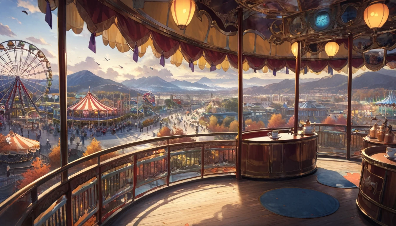 The scenery outside the window of the gondola at the top of the Ferris wheel, can see roller coasters, carousels, haunted teacups, and more, distant view, outside the amusement park is a residential area, mountains can be seen in the distance, amusement park,It is late autumn, Cloudy,