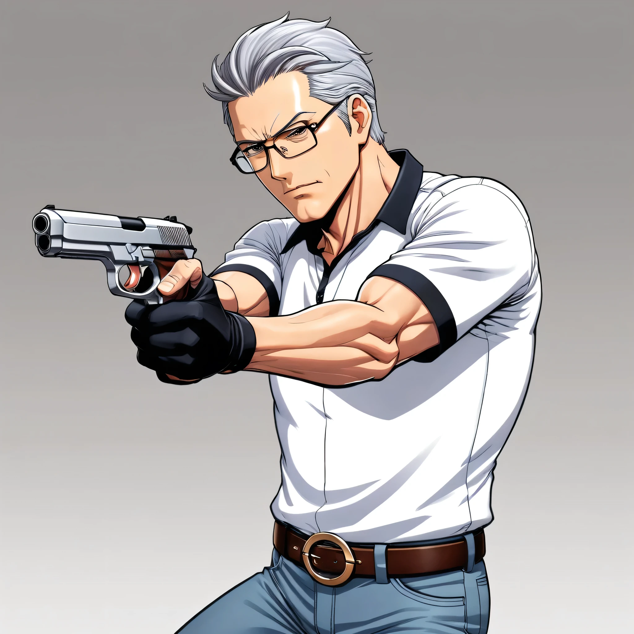 Mangá style man middle age 50 years old, gray hair target shooting pose Wielding an “Air Pistol 10 meters” in his right-hand Stretching his armo he wears white jersey of the competition Turkey this in target shooting pose wears prescription glasses, this in disposed shape cowboy-shot, anime art-style ((more detail, enhnaced))