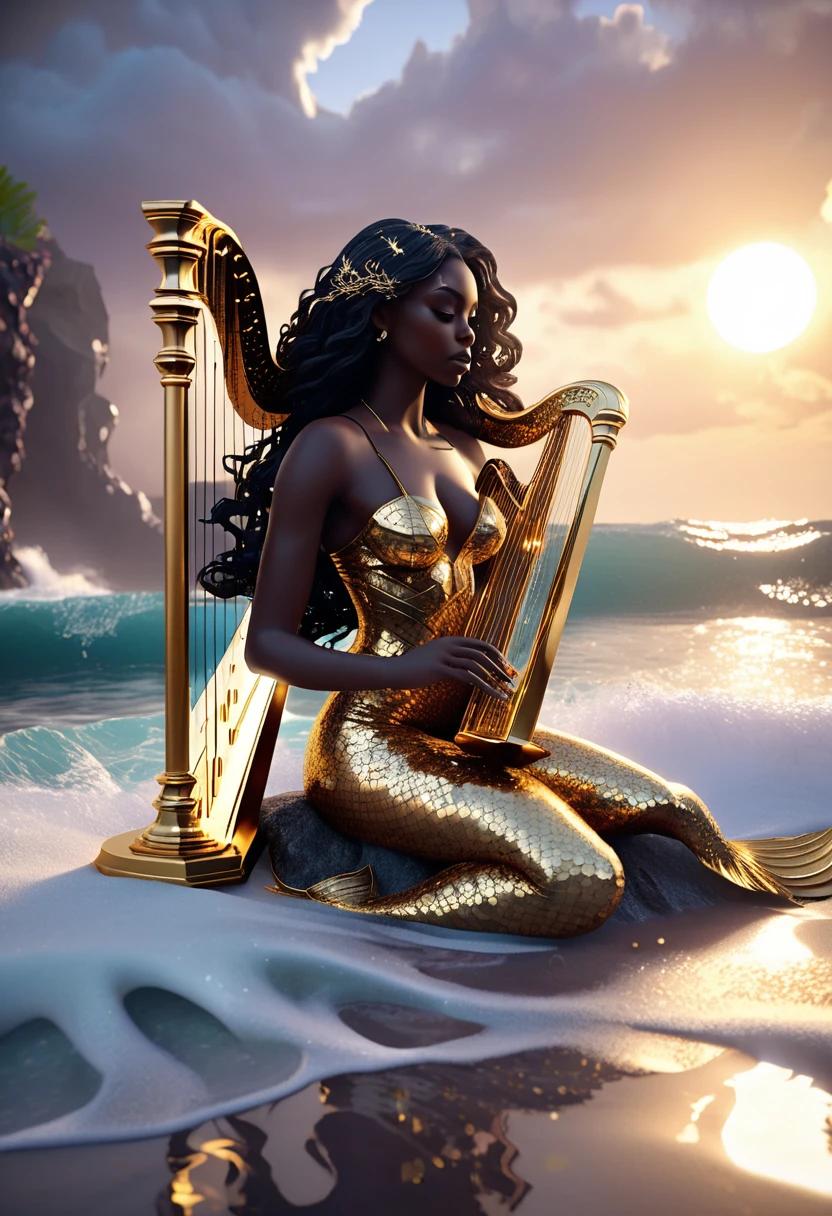 A golden outline shaped in image of a black woman mermaid playing a glowing golden harp, with gold dots designing the glowing mermaid scales and harp, flowing long hair made of twinkling stars, she's sitting at the ocean shore surrounded by glittering seashells and coral reefs, sunrise in the background colliding with the ocean wave, beautiful and cinematic art piece crafted using cutting-edge 3D modeling, Octane rendering, V-Ray, and Unreal Engine, evoking an otherworldly, cinematic atmosphere.