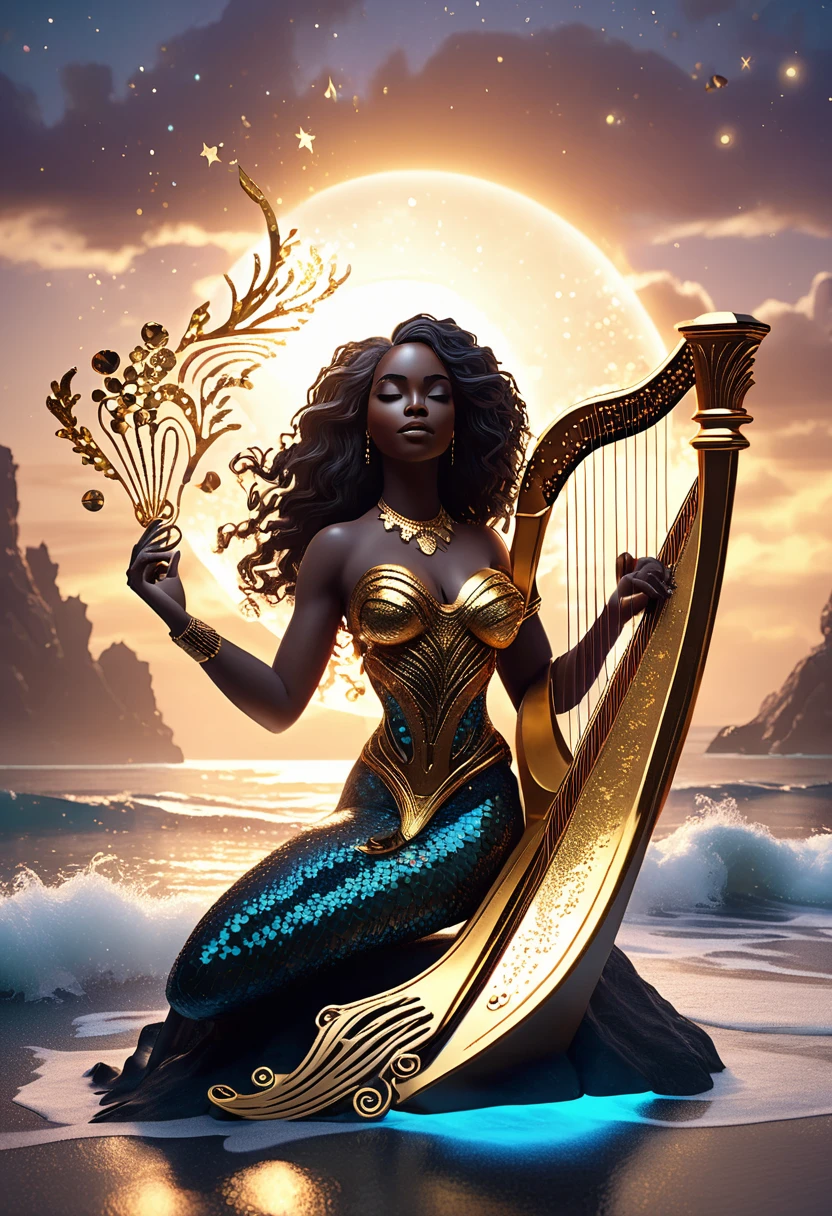 A golden outline shaped in image of a black woman mermaid playing a glowing golden harp, with gold dots designing the glowing mermaid scales and harp, flowing long hair made of twinkling stars, she's sitting at the ocean shore surrounded by glittering seashells and coral reefs, sunrise in the background colliding with the ocean wave, beautiful and cinematic art piece crafted using cutting-edge 3D modeling, Octane rendering, V-Ray, and Unreal Engine, evoking an otherworldly, cinematic atmosphere.