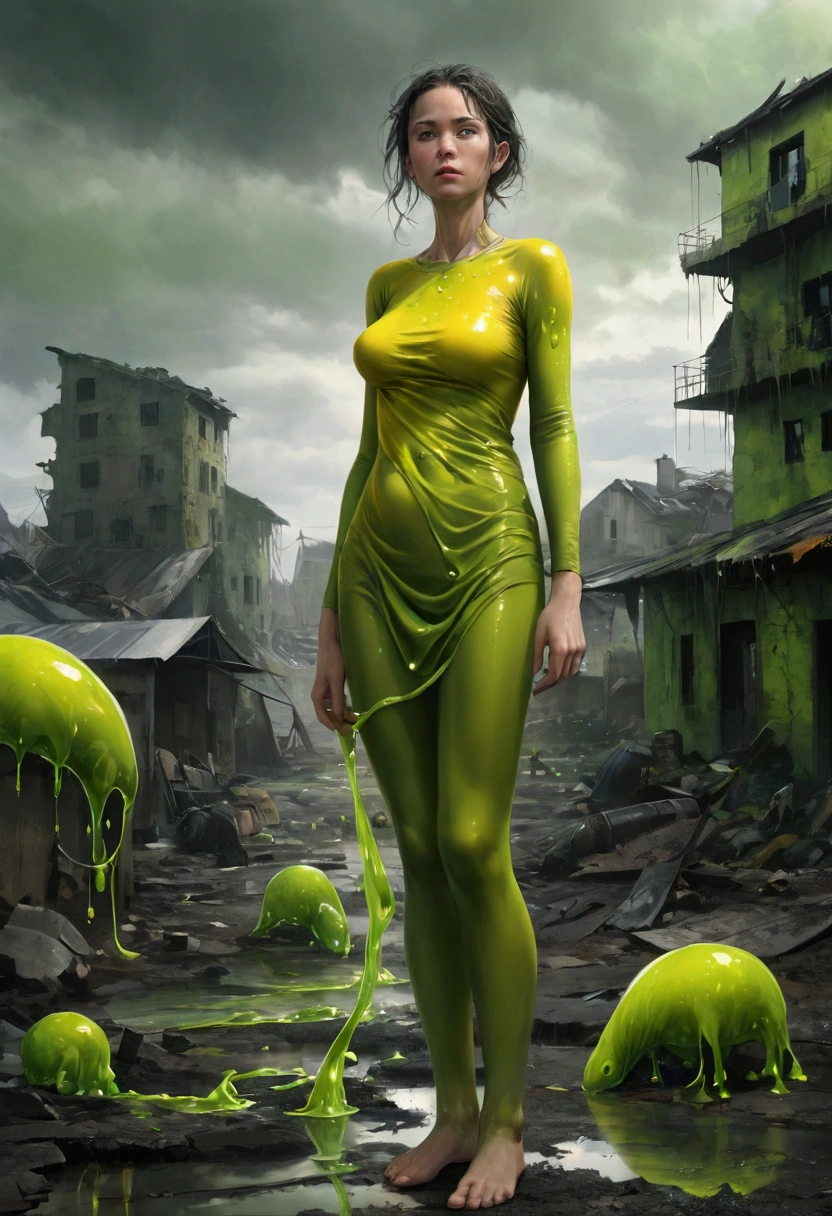 Being naked at work, After the end of the world,Everything melted into goo, Mucous substance, A woman stands in the foreground. Her bright yellow-green dress, Plastic green top, Slimy green plastic leggings, Gelatinous. The landscape behind her is a mixture of half-melted buildings and twisted remnants of civilization., They are all dripping with the same sticky mucus. The sky is covered with dark clouds,Epoly,A hint of green, Reflecting the mucus below. The woman's expression is full of determination and resilience, In stark contrast to surrealism