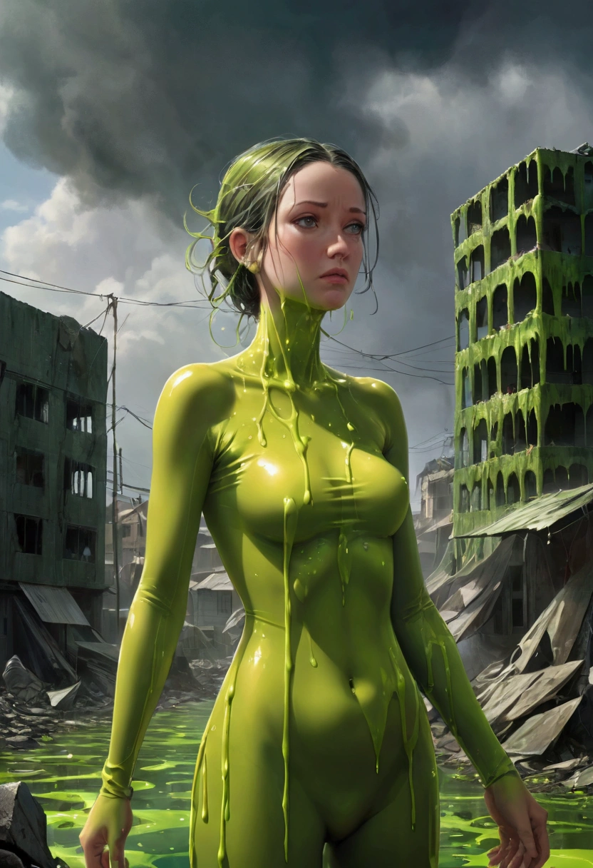 Being naked at work, After the end of the world，Everything melted into goo, Mucous substance, A woman stands in the foreground. Her bright yellow-green dress, Plastic green top, Slimy green plastic leggings, Gelatinous. The landscape behind her is a mixture of half-melted buildings and twisted remnants of civilization., They are all dripping with the same sticky mucus. The sky is covered with dark clouds，Epoly，A hint of green, Reflecting the mucus below. The woman&#39;s expression is full of determination and resilience, In stark contrast to surrealism