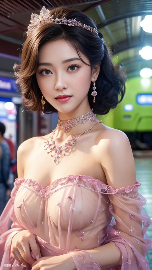 1 Girl, whole body, Beautiful shiny hair, Charming eyes, curls, Kind and changing, Expose the shoulder, Large Breasts,Charming oval face, Double eyelids, Pink lips, Small nose, focused face, Ultra-high resolution, Very detailed, OK, ultra-thin, see through, Alexandroid Colorful Mesh Nightdress,Radiant Skin, Realistic background, Late Night,Subway station platform。
