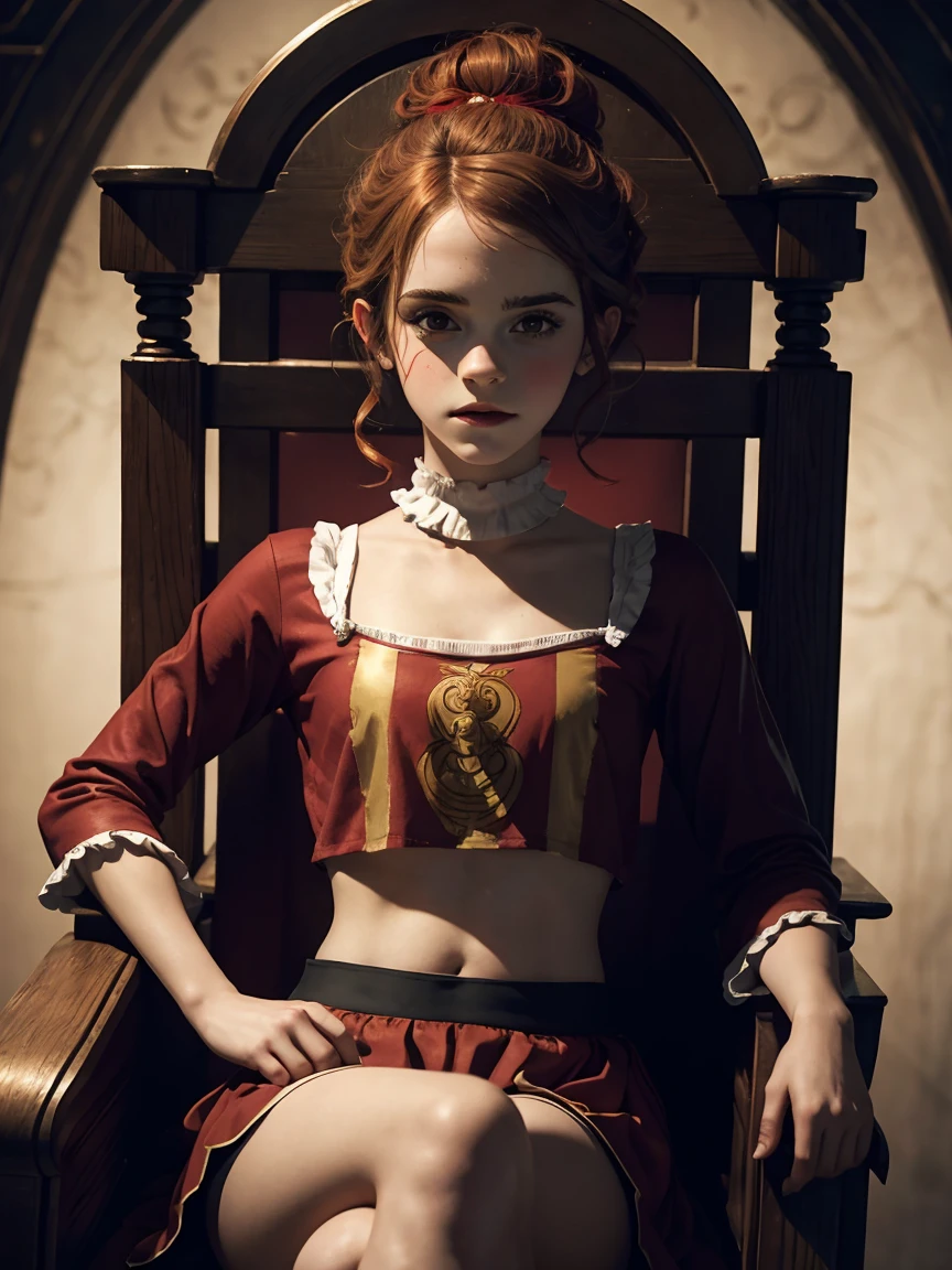 masterpiece. a beautiful emma watson dressed as a clown with red paint. rubio, two tails. intricate fitted short uniform, crop top. dark ambient. on a royal throne. cinematic lighting.