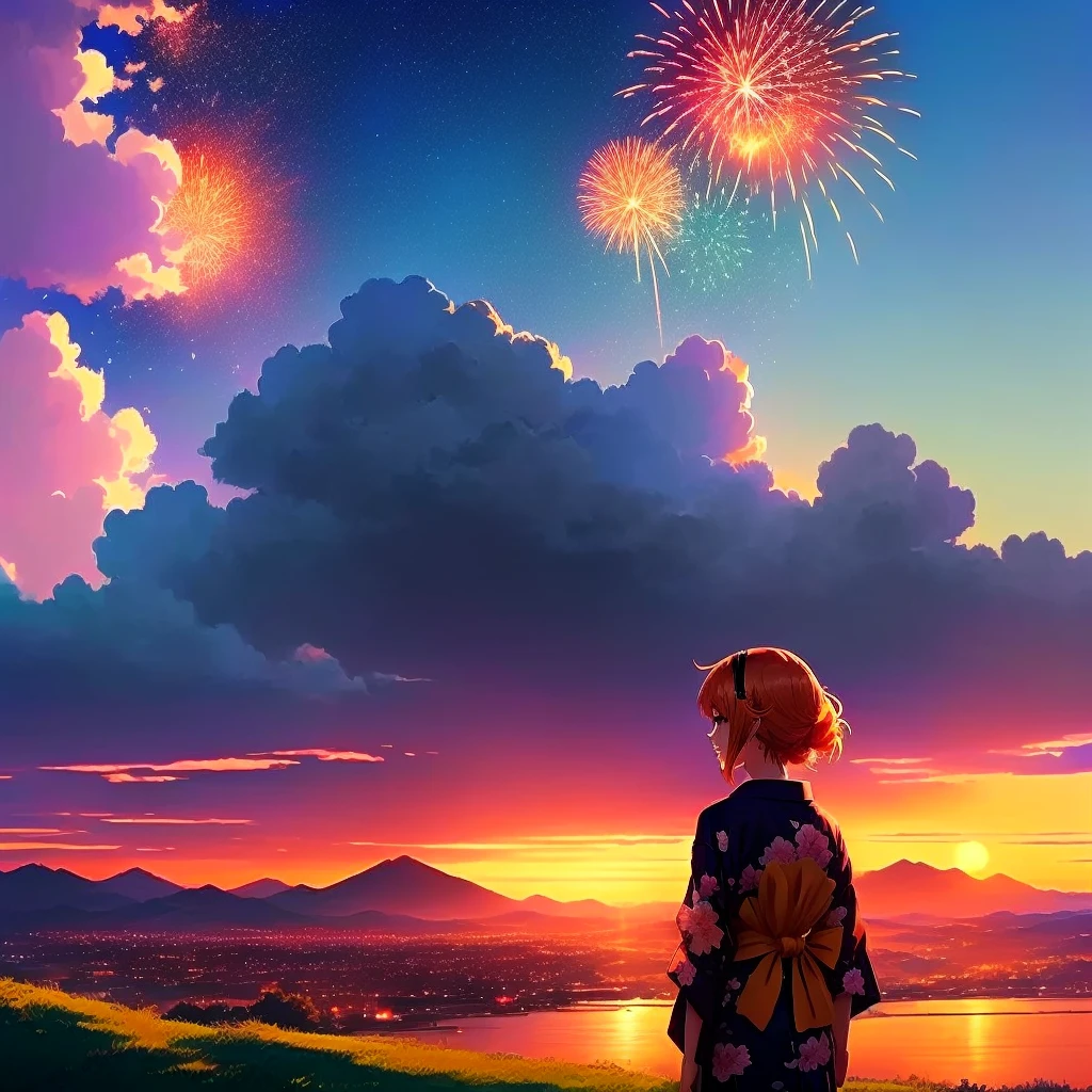 anime, anime girl,yukata、Orange、Orangeのyukata、夜null, firework, Mountain々, null, fireworkを眺める. anime, Makoto Shinkai Cyril Rolland, 4k anime wallpaper, anime wallpaper 4k, anime wallpaper 4 k, Looking at sunset, anime art wallpaper 4 k, anime art wallpaper 4k, High-resolution wallpapers, anime art wallpaper 8 k, looking off into the sunset