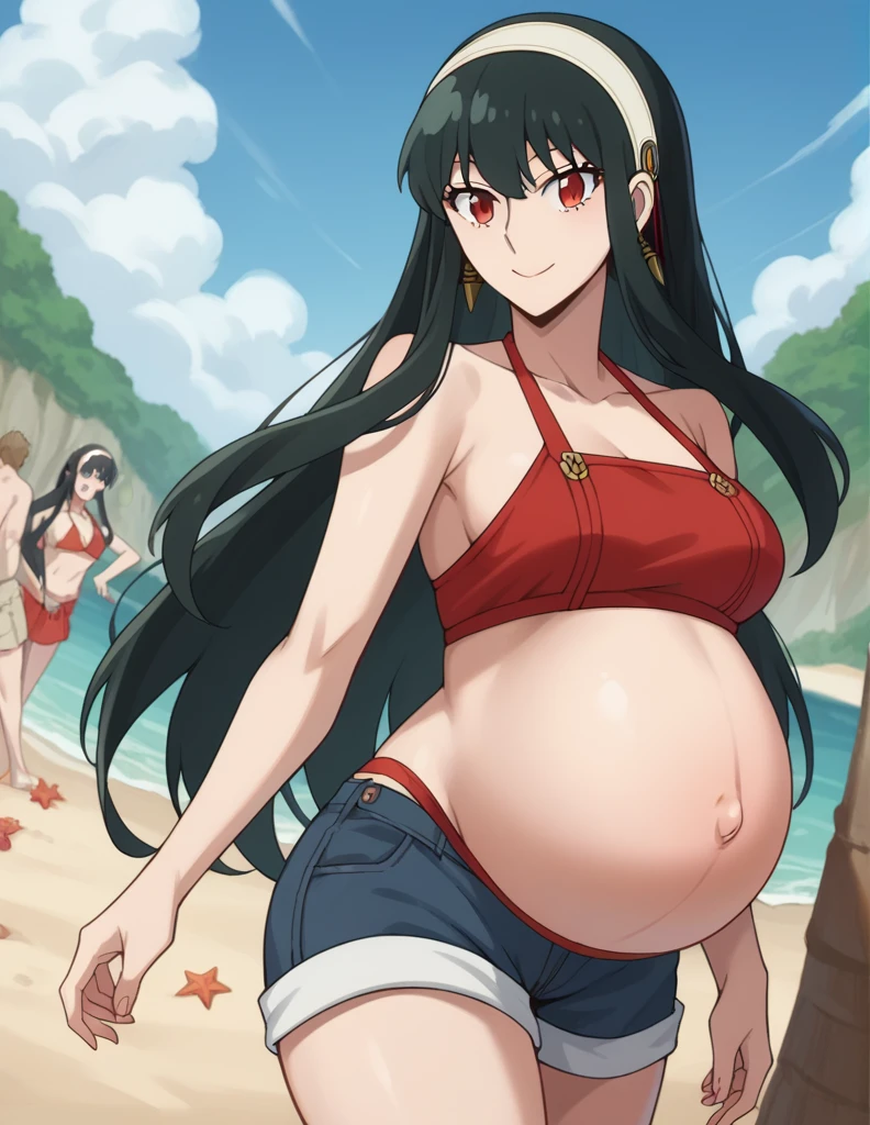 score_9, score_8_up, score_7_up, source_anime,
yorbriar, yor briar, black hair, red eyes, earrings, white hairband, hairband, long hair, sidelocks,
bare shoulders, red bikini, shorts, thighs,
Beach, smile,
looking at viewer, dutch angle, cowboy shot, pregnant, huge belly