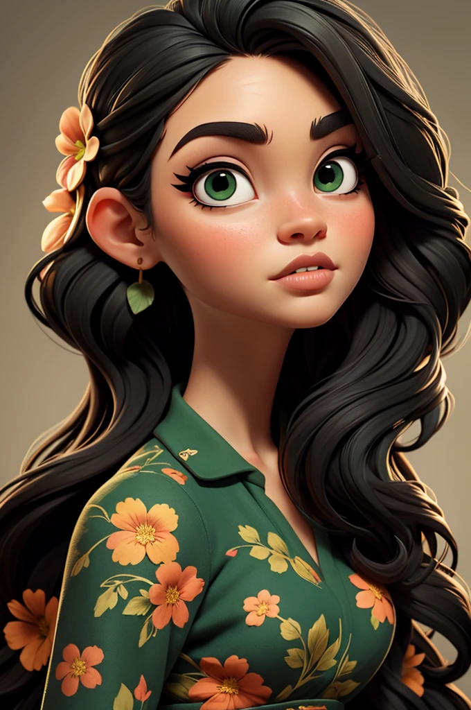 Mabel, long hair, flower dress, green eyes, black hair
, big lips,
