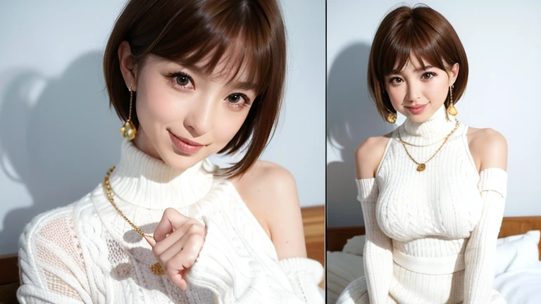 whole body, (Turtleneck cable knit oversized sweater dress:1.5), , One girl,alone, (((Giant Breasted))),(8k, RAW Photos, Highest quality, masterpiece:1.3),(Realistic, photo-Realistic:1.37),Realistic skin texture,(photoRealistic:1.3),(hyperRealistic:1.2), (short hair:1.4) , Seductive Pose, (White color clothes:1.7), (Brown Hair:1.7), (A seductive smile:1.4), (Removable sleeves:1.4), (Cheek dimples:1.4), (Narrow shoulders:1.7), Earrings, Gold Necklace, Perfect body、1 female、