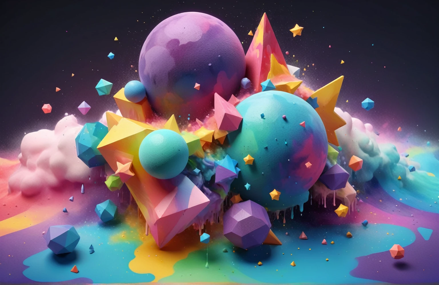 3d isometric, Blender Rendering, Soft color tones, Yaojie, Rainbow colored nebula made from watercolor splashes,  Geometric stars, Colorful triangle of paint splashes, Paint Swirls, Paint drips, Paint splash duotone lighting, Abstract geometric gradient, Geometric shapes, Simple background