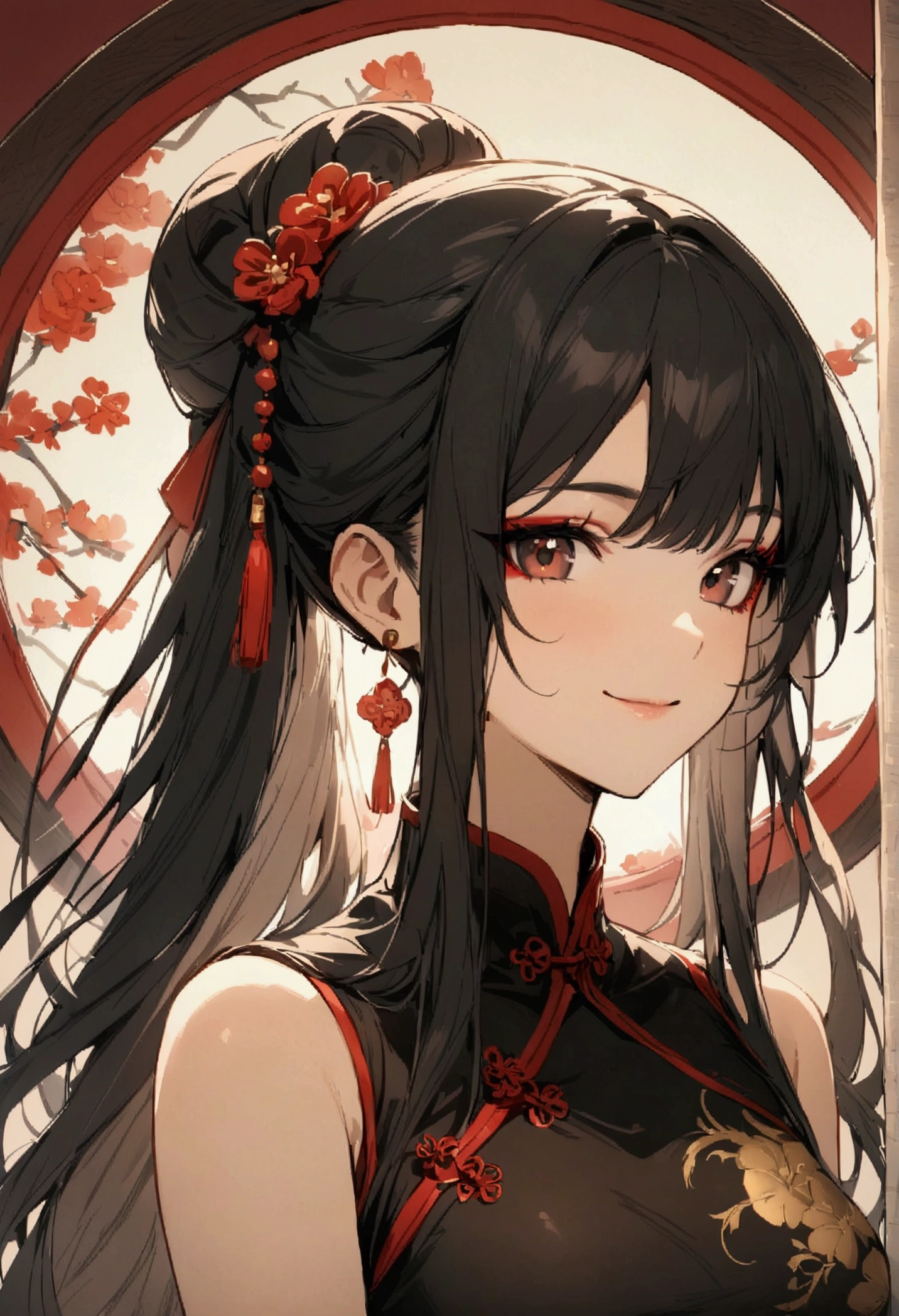 Highest quality, masterpiece, High resolution, Girl with red eyeshadow, China dress, Beautiful Face, Long Hair, Black Hair. soft.、Chinese background.A simple smile、