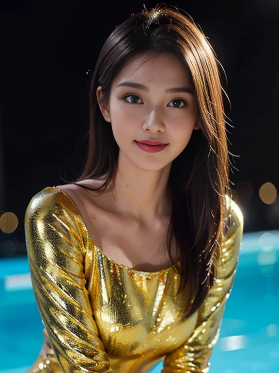 Latex bodysuit、Knee-high boots、Huge 、Long brown hair、Shiny, Oily skin、Glowing Skin、Indoor competition pool、White skin、 Body Portrait, 8k, Narrow and beautiful eyes, Dindal effect, masterpiece, 最high quality, high quality, High resolution, Very detailed photos, (Natural skin texture, Fine skin, Hyperrealism, Ultra Sharpness) , Skin with attention to detail, (Very fine, Fine skin texture, Intricate details, Beautiful Face, (A vivid face), Realistic eyes, Beautiful and detailed, Realistic Skin, Beautiful Skin, surreal, Very detailed, Golden Ratio, Smiling Eyes, ((Night moonlight background)), Body Portrait, glamorous, Shiny Bodysuit