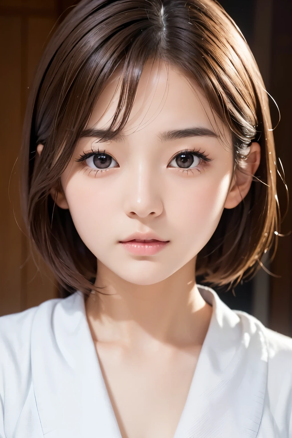 Cute 16 year old Japan、Highly detailed face、Attention to detail、double eyelid、Beautiful thin nose、Sharp focus:1.2、beauty:1.4、(Light brown hair、short hair、)、Pure white skin、Highest quality、masterpiece、Ultra-high resolution、(Realistic:1.4)、Highly detailed and professional lighting、Serious expression、accessories、goddess、uniform