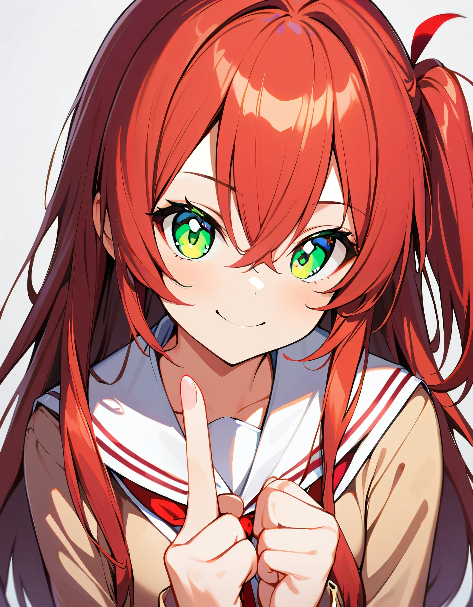 (1 Girl), Red Hair, Hair between the eyes, Long Hair, One side up, Green Eyes, Delicately drawn eyes, Natural Makeup, Pure Innocence, White sailor collar with red ribbon, cardigan, School uniforms, (((View your viewers, Raise the middle finger:1.4, With a smile))), Accurate Fingers, [[[All-round middle finger, What&#39;s wrong?]]], (Highest quality:1.2, Very detailed, Detailed illustrations, Attention to detail, masterpiece:1.2, Best aesthetics),