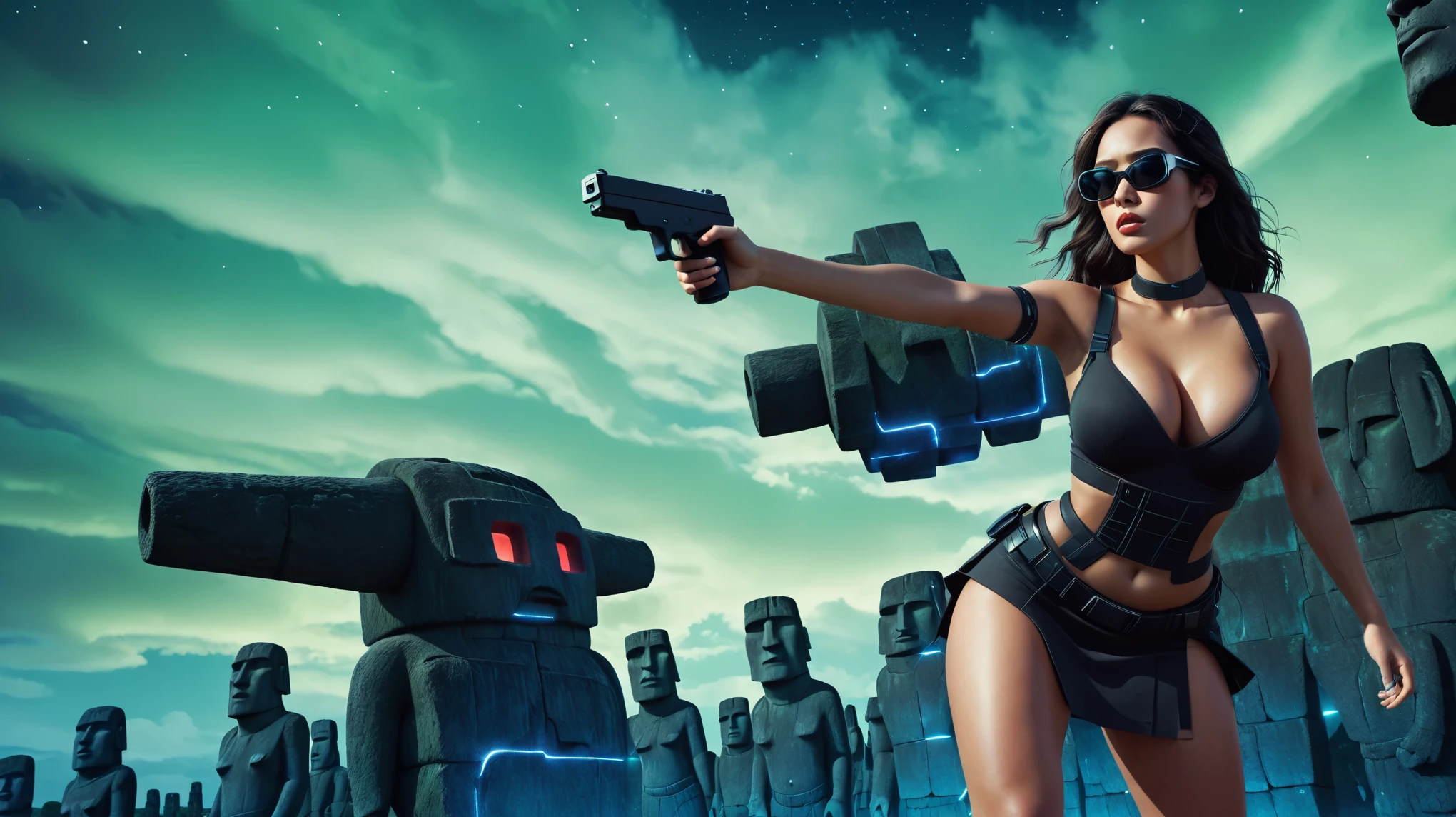 Aerial view, giant Moai statue, sci-fi outdoor maze background. Matrix style, at night, dark sky. (1girl, solo), photo realistic, large-breast:1.2 slim:0.9 body, cleavage:1.2, tube top, miniskirt, (matrix style black sunglasses), (holding a mini:1.1 stun gun), half-body thigh level medium shot, cinematic lighting, ray tracing.