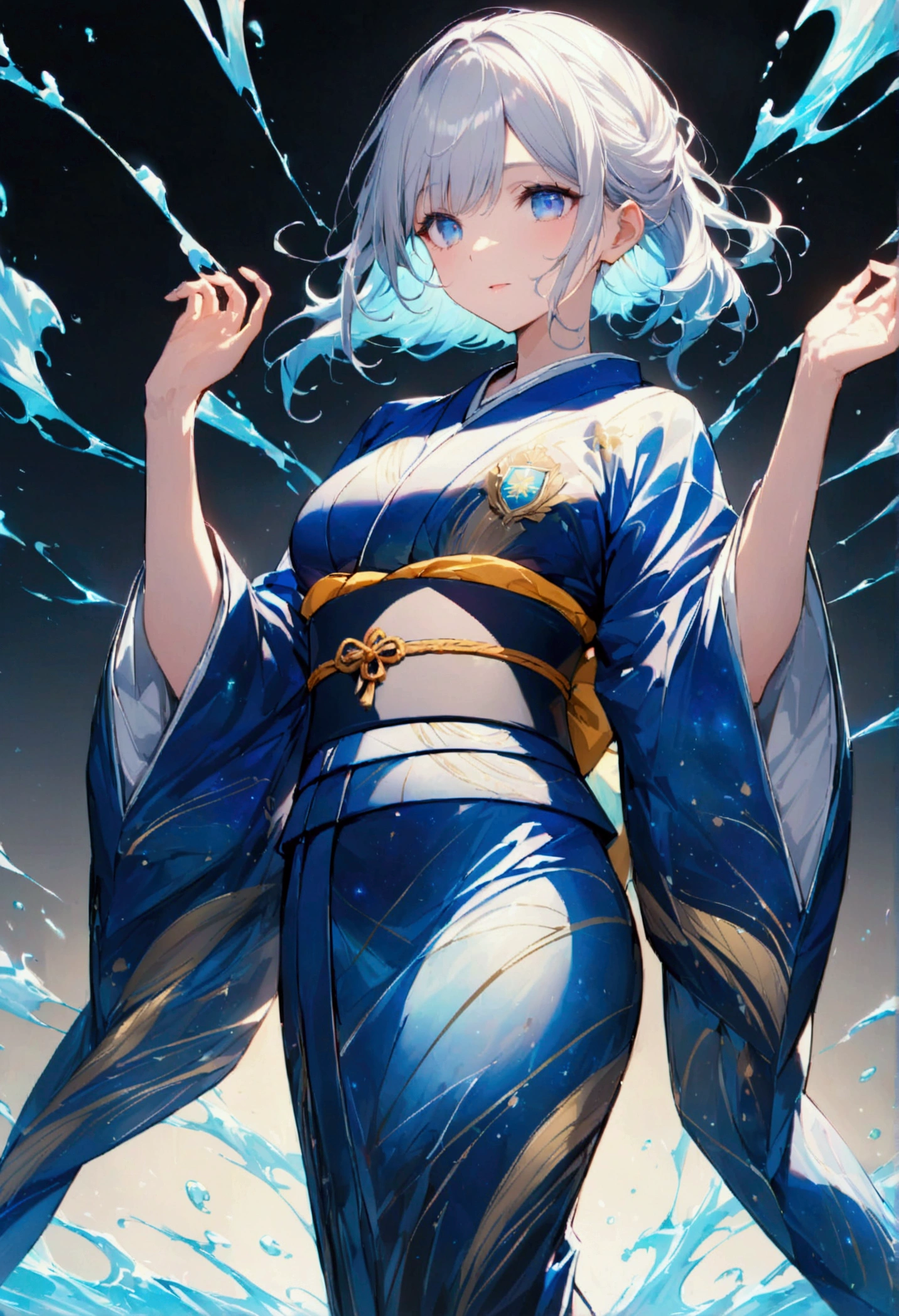 Woman in kimono standing、White medium hair、blue eyes、A kimono with a galaxy pattern on a blue background、White splashes on a black background、super high quality、Ultra-fine detail、Ultra-fine kimono pattern,family crest、