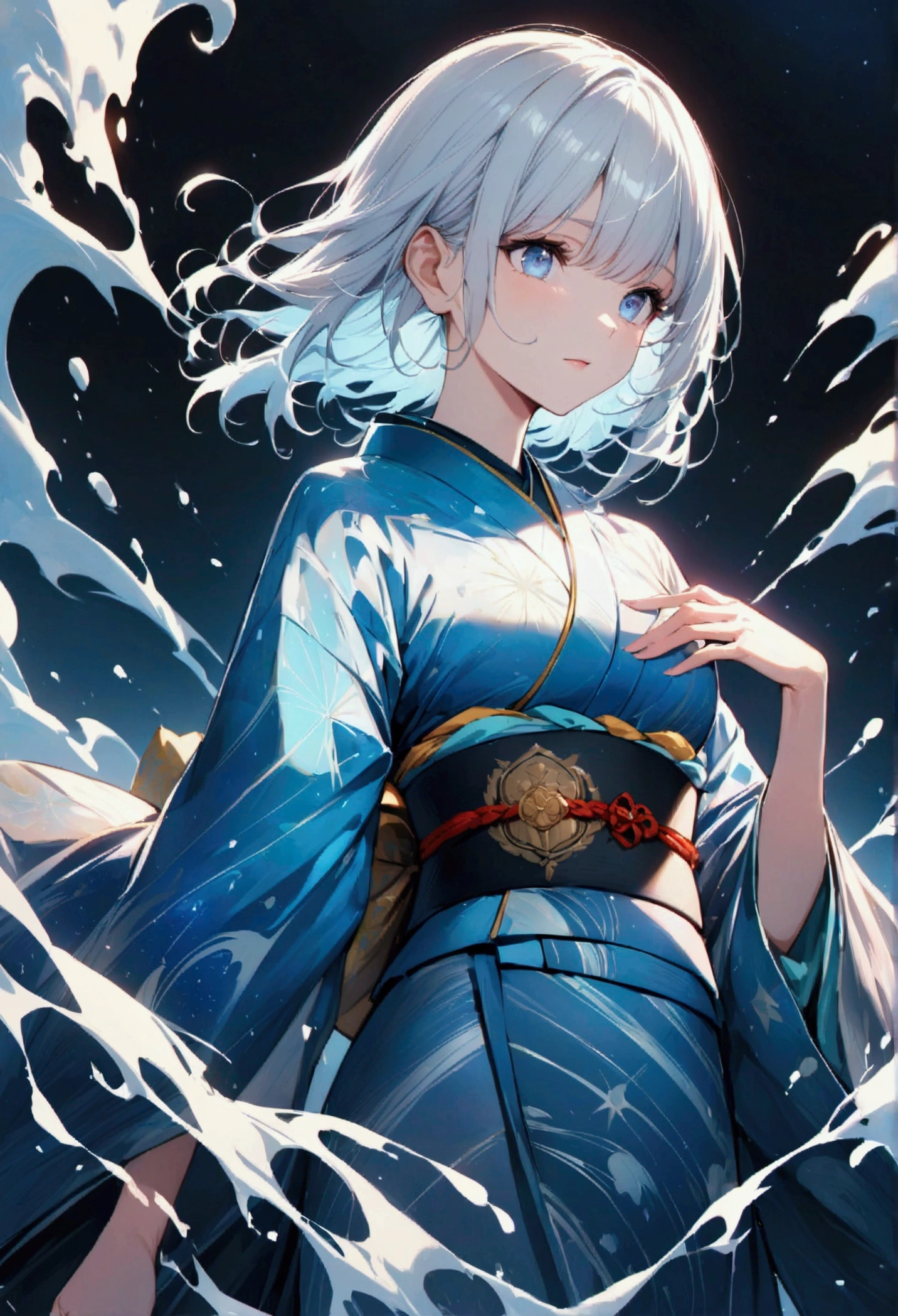 Woman in kimono standing、White medium hair、blue eyes、A kimono with a galaxy pattern on a blue background、White splashes on a black background、super high quality、Ultra-fine detail、Ultra-fine kimono pattern,family crest、
