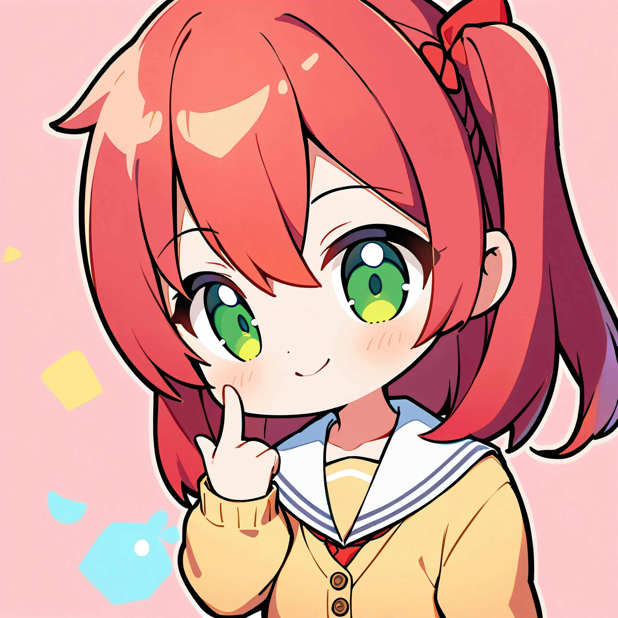 (1 Girl), Red Hair, Hair between the eyes, Long Hair, One side up, Green Eyes, Pure Innocence, White sailor collar with red ribbon, cardigan, School uniforms, ((Chibi, Chibi Character, cute, Deformation)), (View your viewers, Raise the middle finger:1.4, With a smile), [[[All-round middle finger, What&#39;s wrong?]]], 