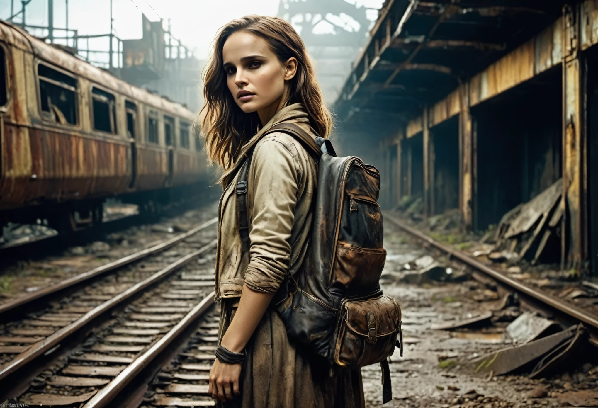 Create a distant and diagonal position and faithful full body image of sad Natalie Portman, brava,  and dirty and bruised face, large and sensual neckline, long hair spread, with torn and dirty clothes madmax style 18 year old wearing a large and dirty backpack on her back and leaning against the wall of an abandoned underground train station closed and dark with closed ceiling dirty in ruins ultra futuristic post-apocalyptic, wet ground from rain, there is vegetation growing in the corners of the walls in the basement station, flashlight only, penumbra, there is debris lying on the train tracks, trem steampunk, dramatic art, dieselpunk art style, apocalyptic road warrior vibe, surreal digital art, mad max inspired, heavy metal artwork, chrome grille symmetry, arte steampunk digital, It&#39;s not the Mad Max style, metal art, is not Filip Hodas; artwork style, steampunk digital art, dieselpunk, in a hightech world, photo on the diagonal, high qualiy, 8k, extremely detaild, as realistic as possible, the highest possible quality.
