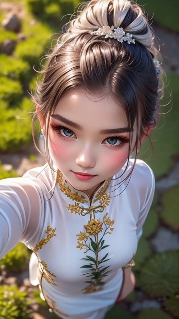 masutepiece, Best Quality, hight resolution,portlate, (((detail portrayal、8K resolution))), (((Beautiful face drawn in detail))),Full Body Angle,Smirking expression、独奏, bright light blue eyes, Beautiful silky silver hair、(((Beautiful ao dai:1.3、ao dai,Beautiful white ao dai)))、(((Captured from above、Subjects looking up)))、Plein Air、Lotus Lake