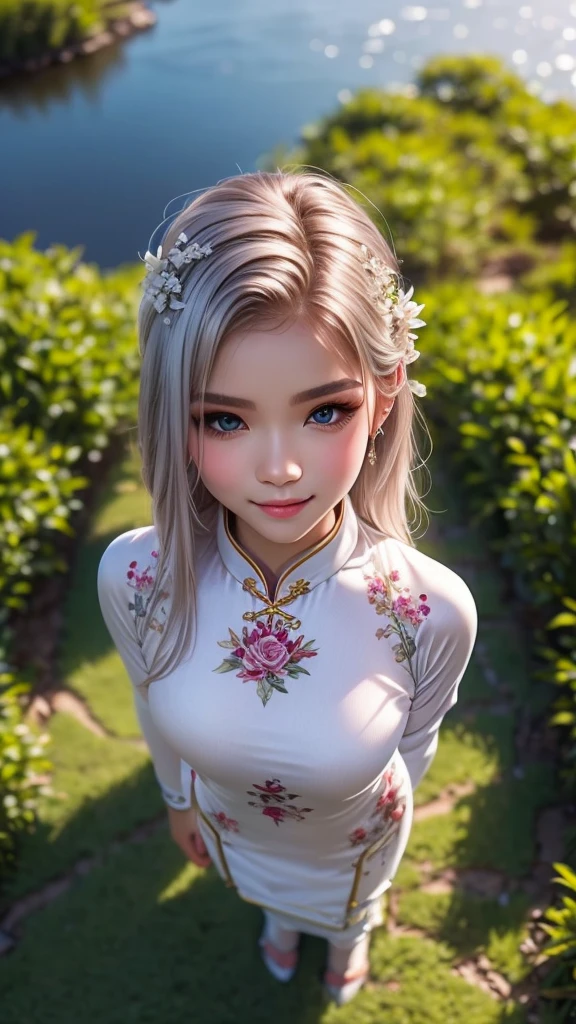 masutepiece, Best Quality, hight resolution,portlate, (((detail portrayal、8K resolution))), (((Beautiful face drawn in detail))),Full Body Angle,Smirking expression、独奏, bright light blue eyes, Beautiful silky silver hair、(((Beautiful ao dai:1.3、ao dai,Beautiful white ao dai)))、(((Captured from above、Subjects looking up)))、Plein Air、Lotus Lake