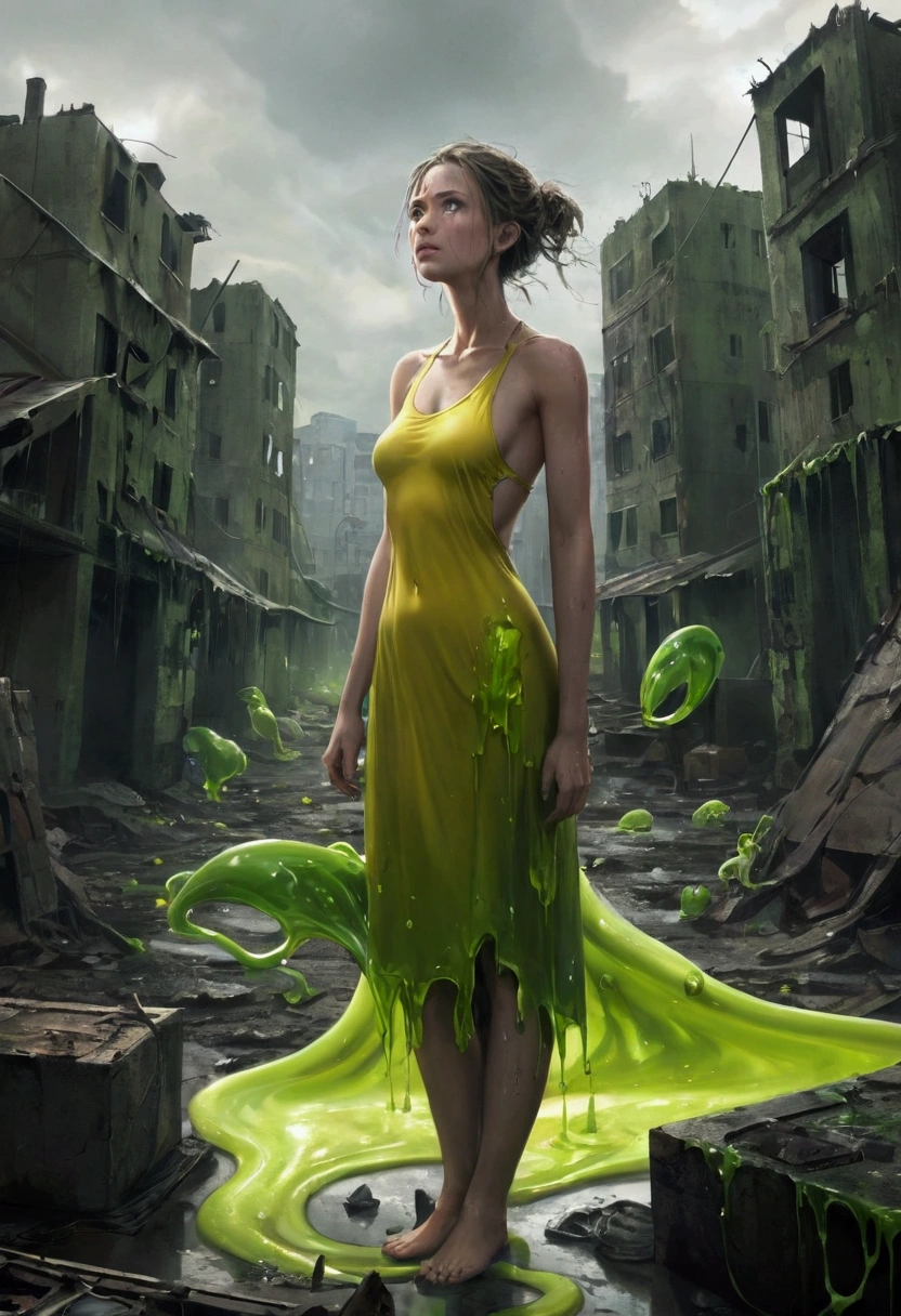 After the end of the world,Everything melted into goo, Mucous substance, A woman stands in the foreground. Being naked at work, Her bright yellow-green dress, Plastic green top, Slimy green plastic leggings, Gelatinous. The landscape behind her is a mixture of half-melted buildings and twisted remnants of civilization., They are all dripping with the same sticky mucus. The sky is covered with dark clouds,Epoly,A hint of green, Reflecting the mucus below. The woman's expression is full of determination and resilience, In stark contrast to surrealism