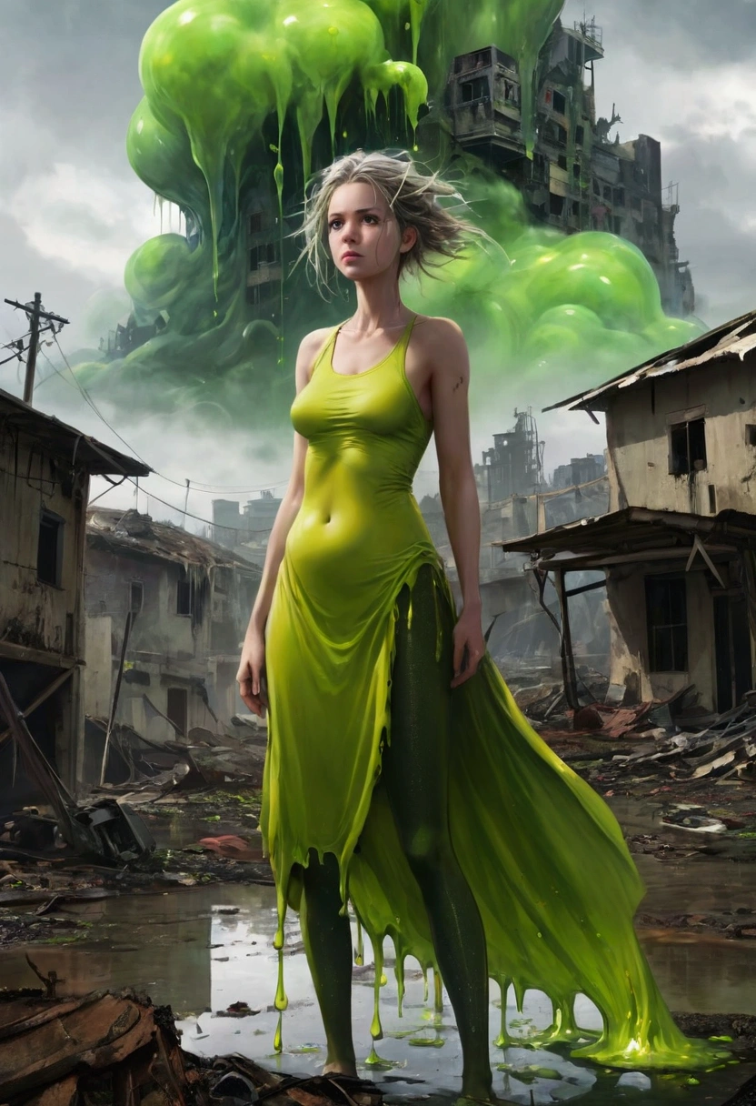 After the end of the world，Everything melted into goo, Mucous substance, A woman stands in the foreground. Being naked at work, Her bright yellow-green dress, Plastic green top, Slimy green plastic leggings, Gelatinous. The landscape behind her is a mixture of half-melted buildings and twisted remnants of civilization., They are all dripping with the same sticky mucus. The sky is covered with dark clouds，Epoly，A hint of green, Reflecting the mucus below. The woman&#39;s expression is full of determination and resilience, In stark contrast to surrealism