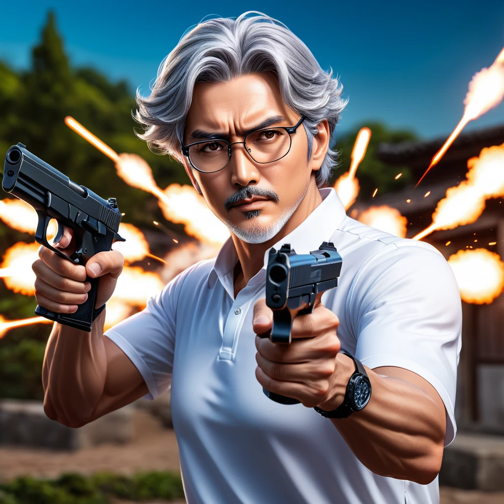 A man in his 50s with gray hair, in a manga style, in a target shooting pose wielding an air pistol, wearing a white jersey, prescription glasses, in a mid-shot, anime art style, (best quality,4k,8k,highres,masterpiece:1.2),ultra-detailed,(realistic,photorealistic,photo-realistic:1.37),extremely detailed face and eyes, beautiful detailed eyes, beautiful detailed lips, longeyelashes, intricate details, dynamic pose, dramatic lighting, vivid colors, cinematic composition