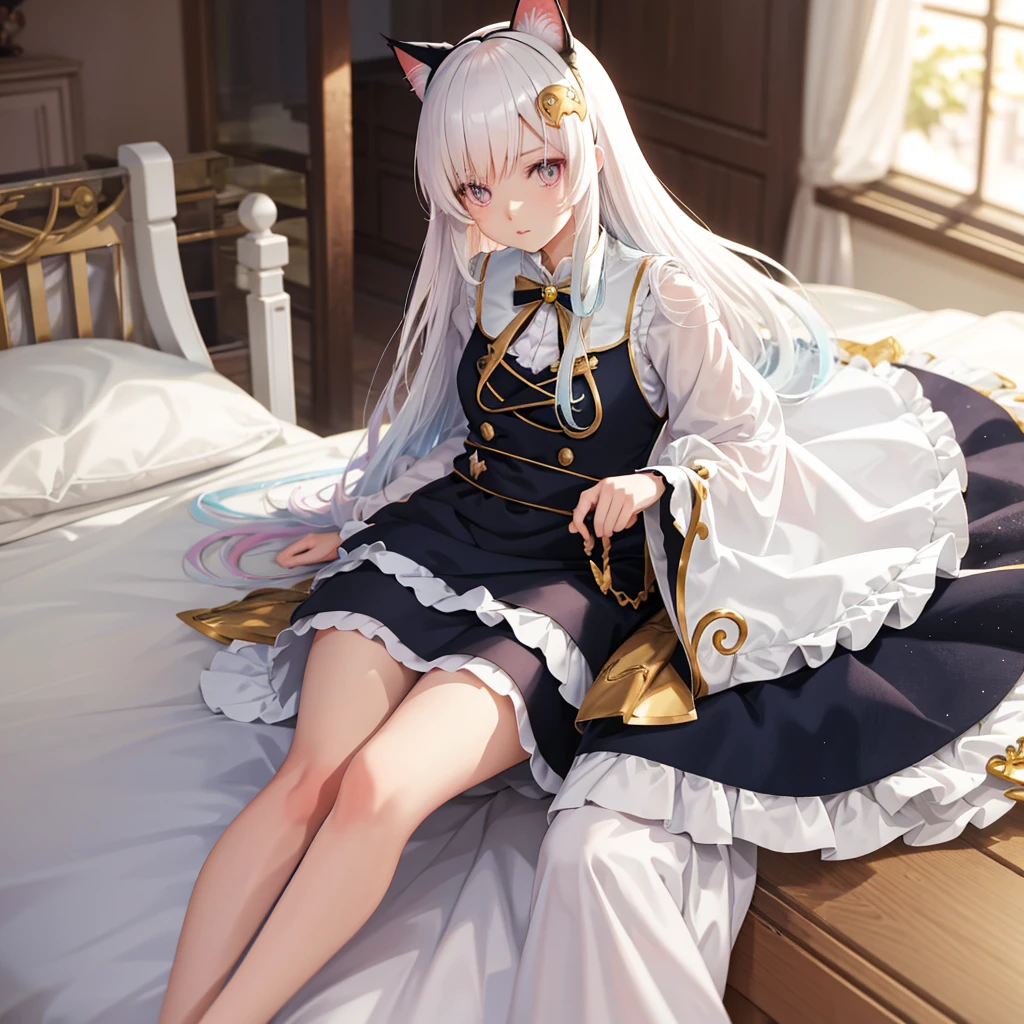 Long-haired anime girl sitting on the bed, Cat ears, From the girl front, Cute anime girl in beautiful clothes, Attractive anime girl, White-haired god, Fine details. ****ta in a skirt, Anime 4k  