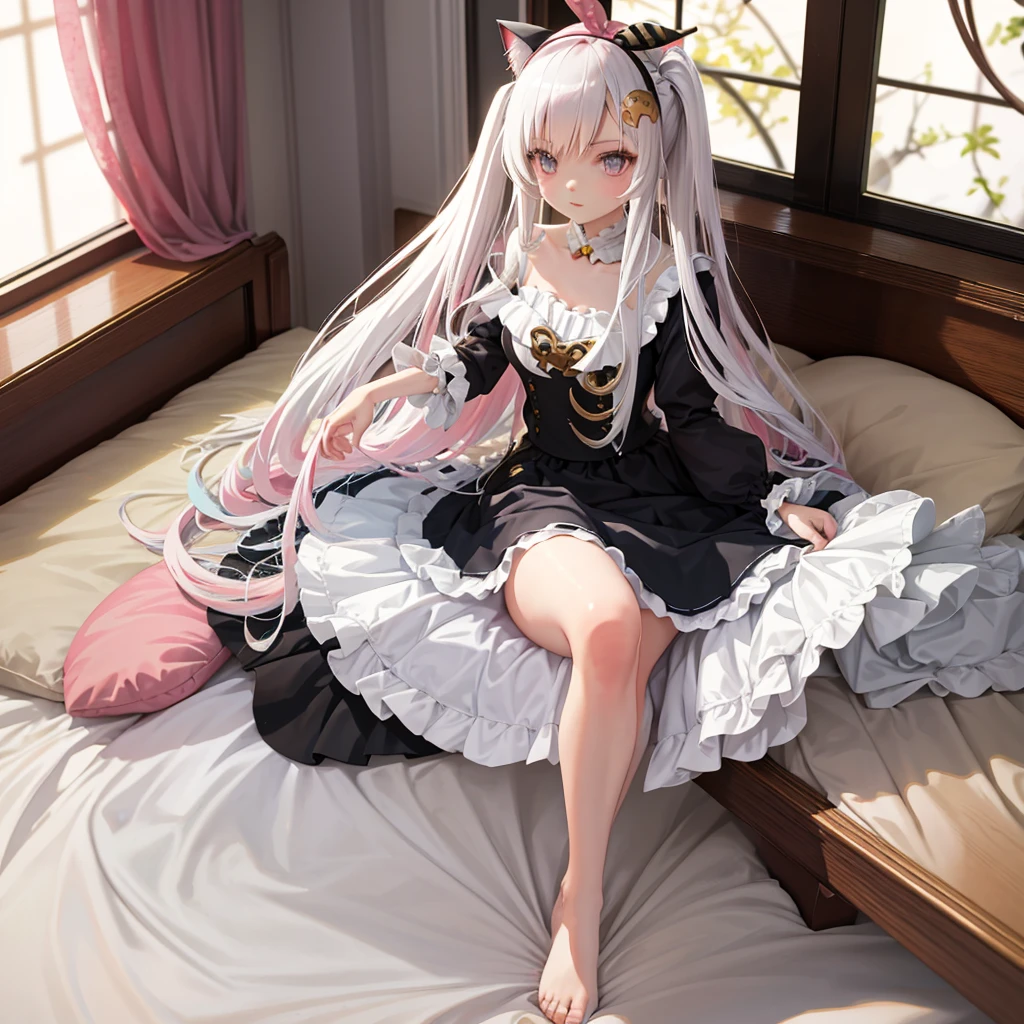 Long-haired anime girl sitting on the bed, Cat ears, From the girl front, Cute anime girl in beautiful clothes, Attractive anime girl, White-haired god, Fine details. ****ta in a skirt, Anime 4k  