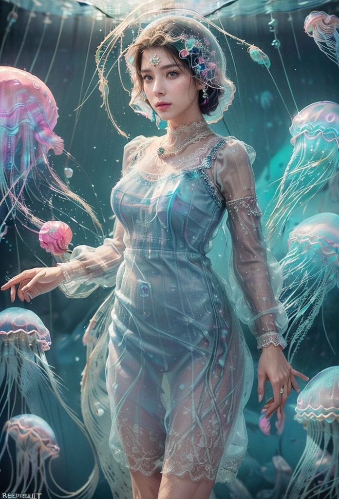 (8K, HDR, highres), ((((Photography, RAW photo, hyperrealism, masterpiece, best quality, ultra highres)))),best quality, ultra high res, (photorealistic:1.4), 8k resolution, realistic, super photo realistic, highres, ultla detailed, absurdres,
extremely beautiful (lady fused with jellyfish:1.5), (siren:1.2), (covered with jellyfish:1.2), covered with slime,
medium colorful (messy:1.2) hair, flat chest,
(jellyfish dress:2.0), (jellyfish hat:1.5),
(water lace cloths, see through lace cloths, transparent lace cloths, slime lace cloths:2.0),
ultra detailed embroidery school uniform with (puff sleeves:1.8),
(ultra detailed lace underwear:1.3),
(ultra detailed embroidery lace maxi skirt:1.5),
(crystal-clear water material skirt revealing an underwater ecosystem:1.5),
skirt made by water, water ripple on the skirt, water reflection on the skirt,
(deep sea background:1.5), tropical corals, tropical fish,
(ultra detailed embroidery lace jellyfish:1.5), (jewelries, gems:1.8),
(colorful:1.5), (double exposure:1.8), (neon light effect:1.5),
(water ripple:1.2), water drops, water spheres,