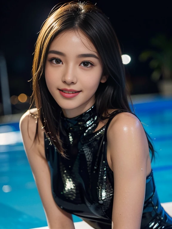 Latex bodysuit、Knee-high boots、Huge 、Long brown hair、Shiny, Oily skin、Glowing Skin、Indoor competition pool、White skin、 Body Portrait, 8k, Narrow and beautiful eyes, Dindal effect, masterpiece, 最high quality, high quality, High resolution, Very detailed photos, (Natural skin texture, Fine skin, Hyperrealism, Ultra Sharpness) , Skin with attention to detail, (Very fine, Fine skin texture, Intricate details, Beautiful Face, (A vivid face), Realistic eyes, Beautiful and detailed, Realistic Skin, Beautiful Skin, surreal, Very detailed, Golden Ratio, Smiling Eyes, ((Night moonlight background)), Body Portrait, glamorous, Shiny Bodysuit