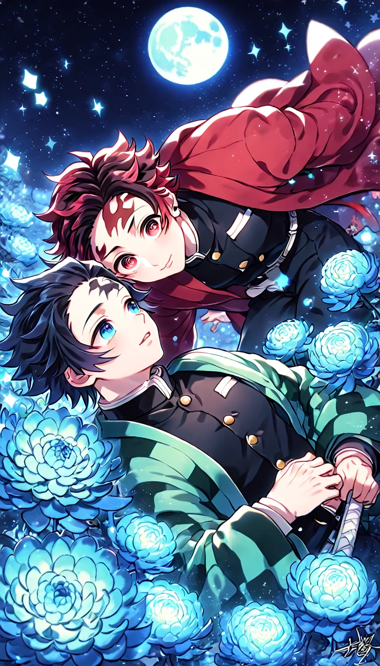 absurdres, highres, ultra detailed, HDR, master piece, best quality, extremely detailed, Kamado Tanjirou, red burgundy hair, expressive red eyes, Kimetsu No Yaiba, Tomioka Giyu, black hair, expressive blue eyes, two sexy men together, yaoi, gay couple, handsome, green haori, red haori, demon slayer uniform, fantasy, sparkling, blue glittering fireflies, blue moon, blue blossoms, blue chrysanthemums, blue sparkling lights, starry sky, magical