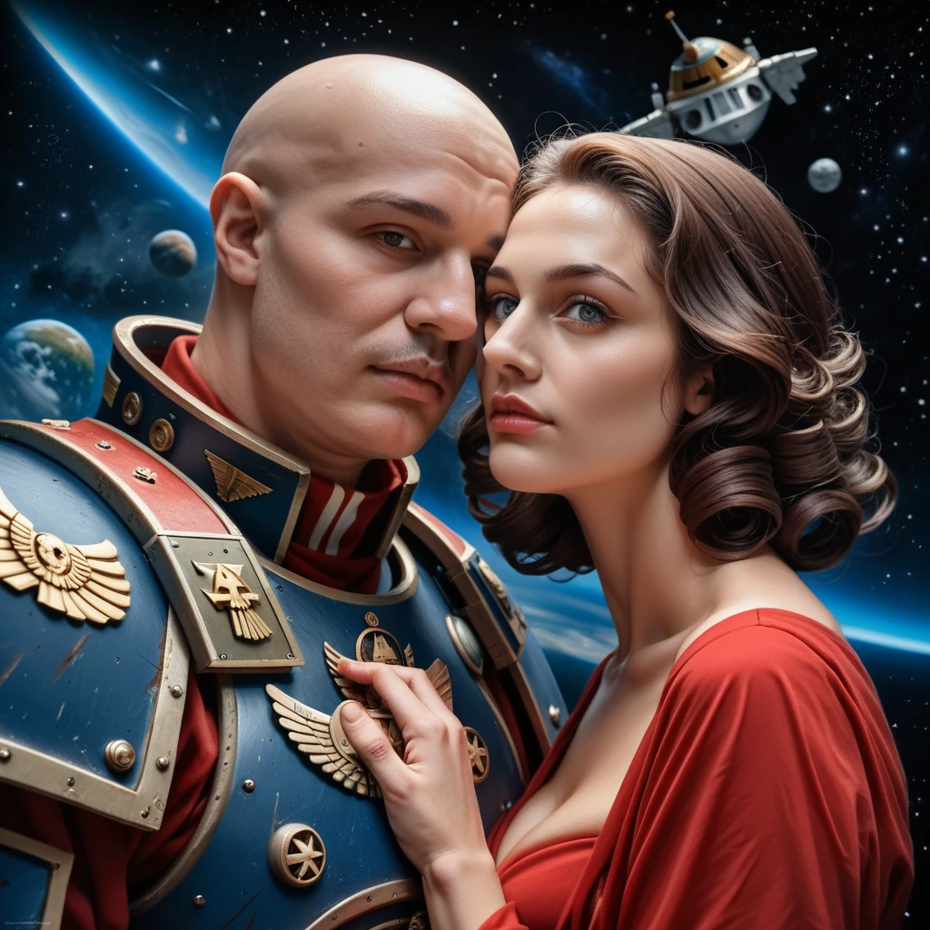 1girl,1men,adeptsororitas,spacewolves,alpha legion,detailed beautiful eyes,detailed elegant lips,curly brown hair,bald man,space background,warhammer 40k,lovers,romantic,cinematic lighting,dramatic pose,ultra-detailed,4k,realistic,photorealistic,masterpiece,vibrant colors,muted tones,moody atmosphere