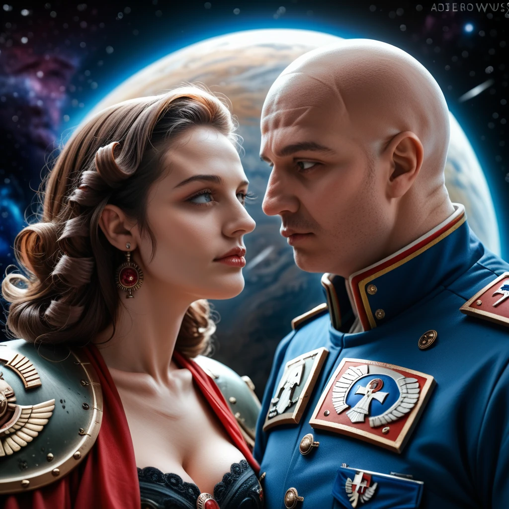 1girl,1men,adeptsororitas,spacewolves,alpha legion,detailed beautiful eyes,detailed elegant lips,curly brown hair,bald man,space background,warhammer 40k,lovers,romantic,cinematic lighting,dramatic pose,ultra-detailed,4k,realistic,photorealistic,masterpiece,vibrant colors,muted tones,moody atmosphere