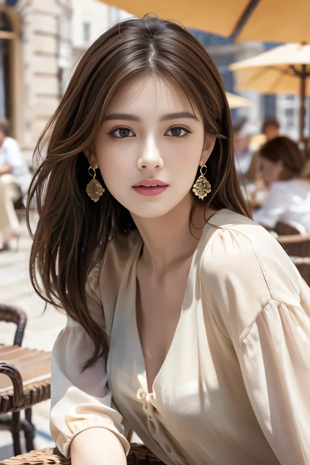 masterpiece, Highest quality, Realistic, Very detailed, Finer details, High resolution, 8k wallpaper, One beautiful woman,Wear a nice blouse, On the terrace of a lovely cafe, at noon, Light brown messy hair, Perfect dynamic composition, Beautiful and beautiful eyes、Big earrings、