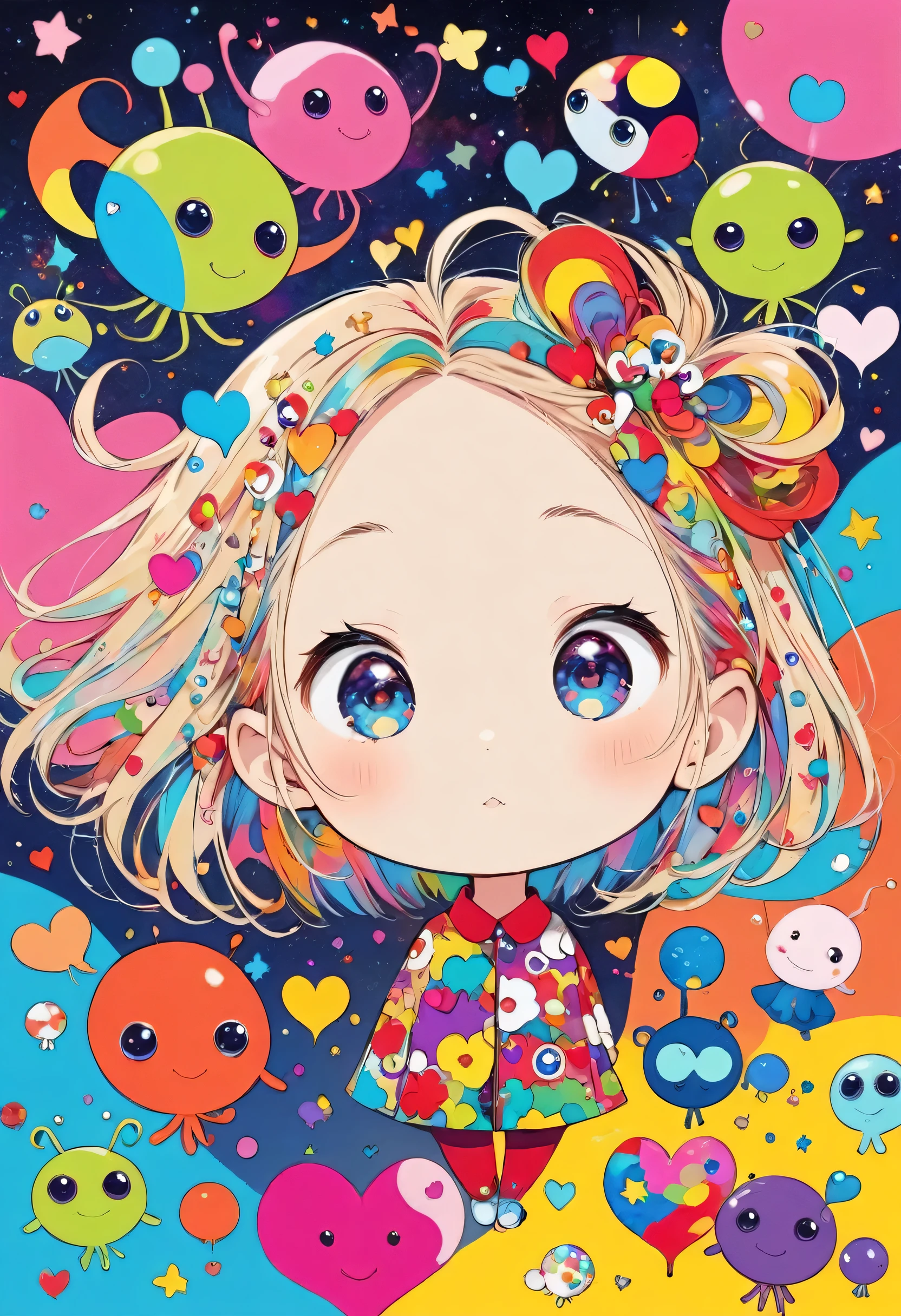 Takashi Murakami colorfull style, Simple Line Initialism,Abstract art, girls, colorful hearts, funny design, (((Cute Aliens))), The background is space