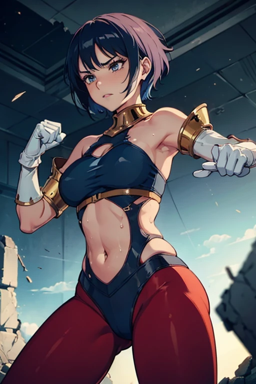 (best quality,masterpiece,ultra highres,cel anime,8k:1.2),(1man:1.5),1mature woman in(short blue haired,30years old), BREAK (in the ruins:1.5),(dark night:1.4),(abs:0.8), BREAK (blue leotard in red line:1.3), BREAK (red yoga pants:1.4), BREAK (white gloves:1.4), BREAK (navel cutout:1.5),(sweat:1.2),(sholder bare), BREAK (selious, scowl:1.2),(motion blur),(fighting stance:1.3),