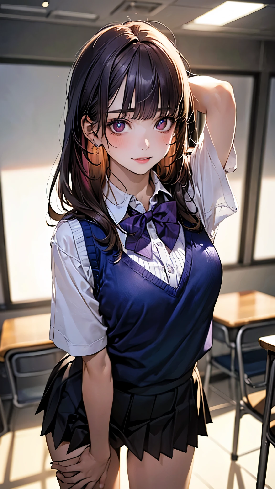(masterpiece:1.2, top-quality), (realistic, photorealistic:1.4), beautiful illustration, (natural side lighting, movie lighting), depth of fields, nsfw,
looking at viewer, (face focus, upper body, front view), 1 girl, , (perfect anatomy, anatomically correct, super detailed skin), cute and symmetrical face, perfect face, perfect eyes,
(long hair, straight hair:1.5, purple hair), blunt bangs, break brown eyes, big eyes, drooping eyes, long eye lasher, (medium breasts, seductive thighs), perfect body, shiny skin, pink skin,
beautiful detailed hair, beautiful detailed face, beautiful detailed eyes, beautiful clavicle, beautiful body, beautiful chest, beautiful thigh, beautiful legs, beautiful fingers,
(detailed cloth texture, break short sleeve white collared shirt, break (navy knit vest), break black pleated skirt, break dark green bow tie), break
(beautiful scenery), (school art room:1.2), standing, (sexy pose, (arms up)), (seductive smile, enchanted look, embarrassed, parted lips),
