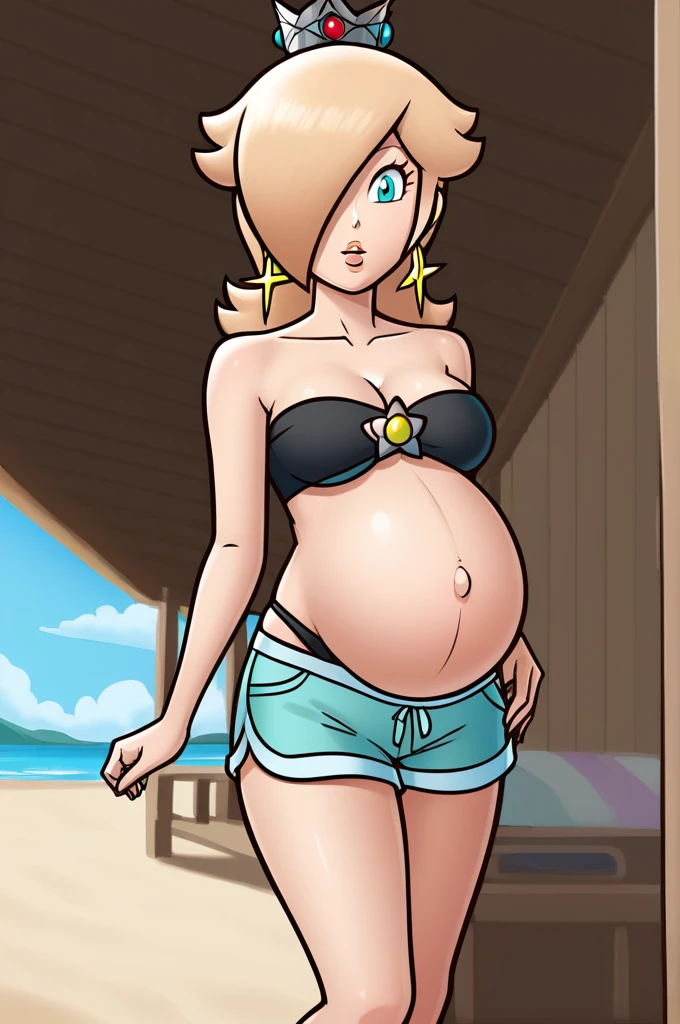 score_9, score_8_up, 1girl, solo, rosalina, style parody, thick outlines, black bikini, shorts, pregnant belly, sleeveless, strapless, cleavage, indoors, beach,