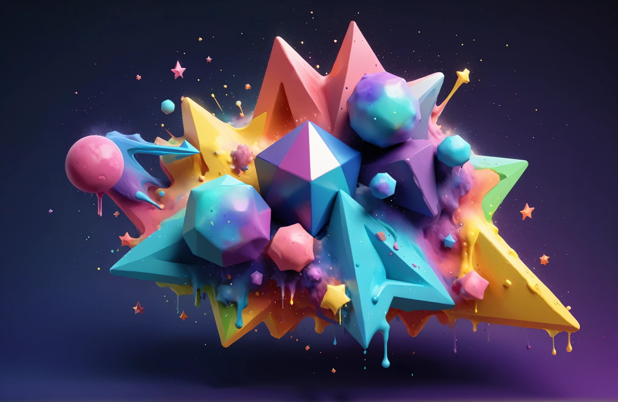 3d isometric, Blender Rendering, Soft color tones, Yaojie, Rainbow colored nebula made from watercolor splashes,  Geometric stars, Colorful triangle of paint splashes, Paint Swirls, Paint drips, Paint splash duotone lighting, Abstract geometric gradient, Geometric shapes, Simple background