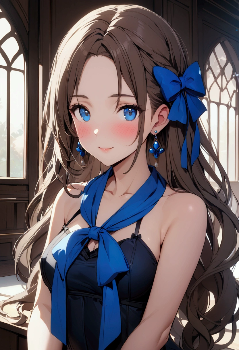 slender, mature female,1girl, breasts, rating:questionable, blue_eyes, brown_hair, long_hair, solo, looking_at_viewer, forehead, closed_mouth, smile, bangs, bow, blush, hair_bow, ribbon, blue_ribbon, indoors, upper_body, medium_breasts, jewelry, small_breasts, blue_bow, collarbone, blue_neckwear, bare_shoulders, parted_bangs, hair_ribbon, hair_ornament, eyebrows_visible_through_hair, earrings