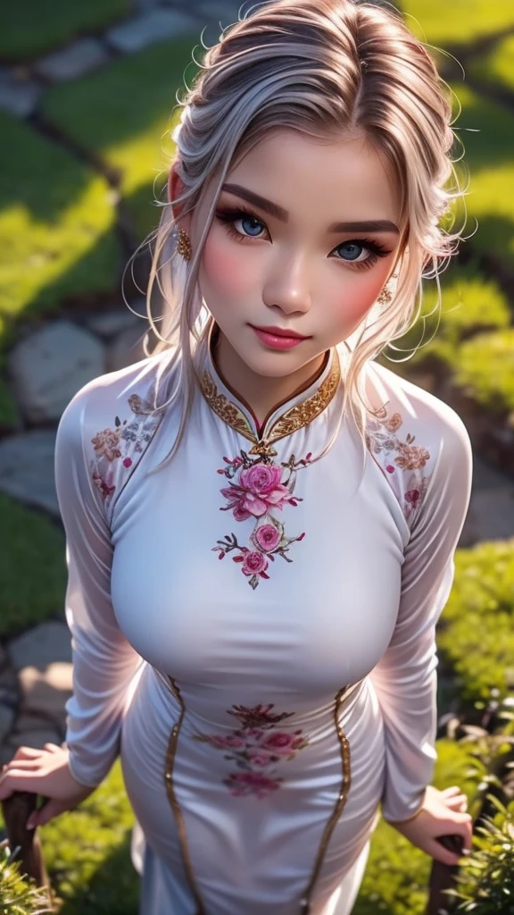 masutepiece, Best Quality, hight resolution,portlate, (((detail portrayal、8K resolution))), (((Beautiful face drawn in detail))),Full Body Angle,Smirking expression、独奏, bright light blue eyes, Beautiful silky silver hair、(((Beautiful ao dai:1.3、ao dai,Beautiful white ao dai)))、(((Captured from above、Subjects looking up)))、Plein Air、Lotus Lake