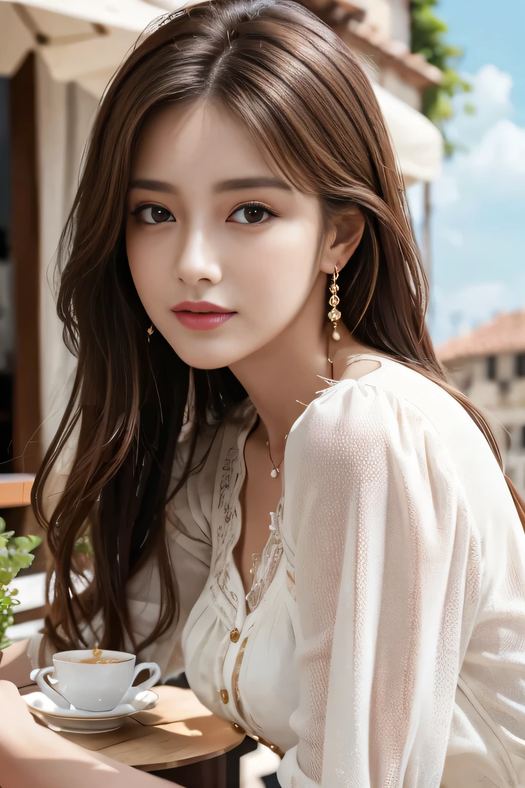 masterpiece, Highest quality, Realistic, Very detailed, Finer details, High resolution, 8k wallpaper, One beautiful woman,Wear a nice blouse, On the terrace of a lovely cafe, at noon, Light brown messy hair, Perfect dynamic composition, Beautiful and beautiful eyes、Big earrings、